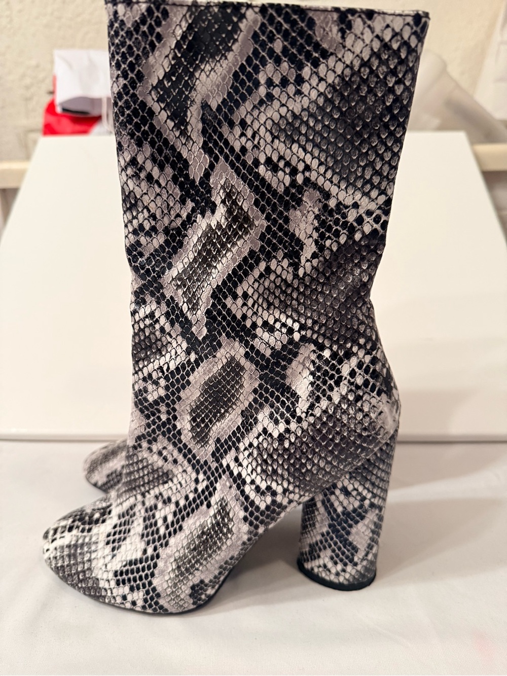 Public Desire mob wife Snake-Print Mid-Calf Block Heel Boots in Black and White
